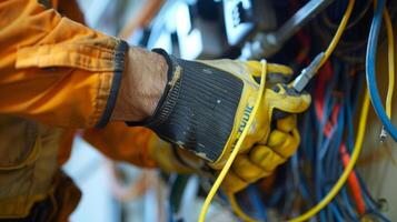 The busy scene of an electrical contractor crew installing wires in a large commercial building with tools and equipment tered around them photo