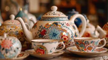 Delicate porcelain teapots and cups each one uniquely painted with vibrant patterns adding to the elegant atmosphere photo