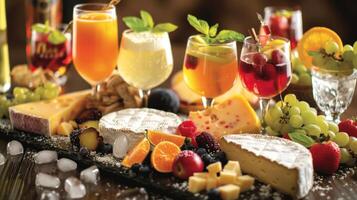 A tantalizing spread of gourmet cheese selections paired with colorful fruitinfused mocktails photo