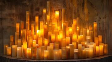 A mesmerizing display of glowing candles each one positioned perfectly to create a harmonious and visually stunning composition. 2d flat cartoon photo