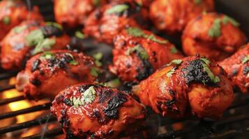 Vibrant and y tandoori chicken boasting a vibrant red hue from its flavorful marinade all while being cooked to perfection in a blazing hot tandoor oven photo