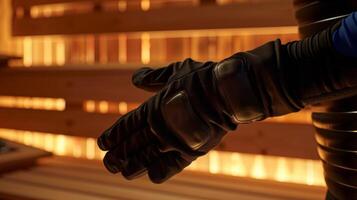 A person wearing sauna gloves to protect their skin from burns while touching the hot surfaces. photo