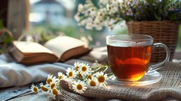 The scent of freshly brewed chamomile tea fills the air as guests unwind with a good book or quiet conversation in a cozy corner of the room photo