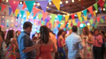 un vistoso bandera con el palabras sobrio celebrando cuelga en el antecedentes como invitados danza y mezclarse a el sin alcohol aniversario fiesta foto