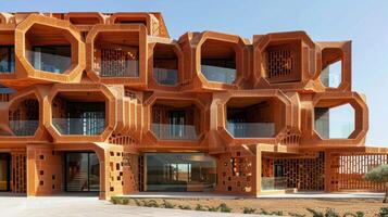 A clay building resembling a giant puzzle assembled using interlocking clay blocks and demonstrating the efficiency and durability of this innovative building technique. photo