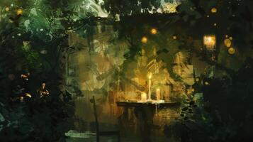 Shadows and highlights played across the canvas as the artists skillfully captured the essence of the candlelit garden studio in their paintings. 2d flat cartoon photo