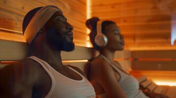 A pair of supportive friends sitting in the sauna listening to music and discussing their Lyme disease recovery progress. photo