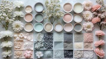 An overhead view of a design board filled with swatches of soft pastel colors showcasing the homeowners love for a peaceful and serene color palette for their bathroom redesign photo