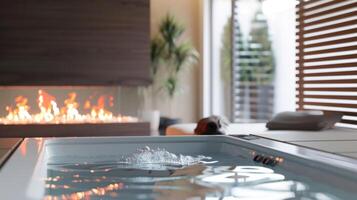 With its sleek modern design and innovative remotecontrolled flames the spas fireplace brings a unique touch to the relaxation room. 2d flat cartoon photo