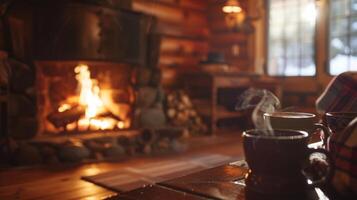 un acogedor y rústico cabina retirada con un calentar fuego ardiente y miembros disfrutando calmante caliente bebidas foto