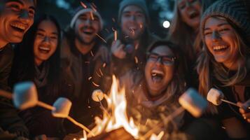 A group of friends huddle around the fire roasting marshmallows and laughing as their creations catch fire and melt into gooey deliciousness. 2d flat cartoon photo