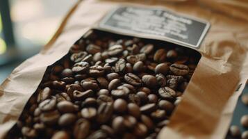 A bag of freshly roasted coffee beans with a label describing the origins and flavor profile of the blend photo