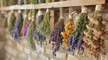 A collection of dried herbs hang from a wooden rack ready to be used in future herbal remedies photo