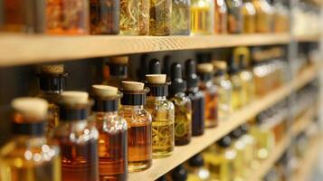 Shelves filled with unassuming bottles hold precious and unique essential oils that the perfumer uses to craft each scent photo