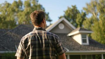 A homeowner looks on with relief and satisfaction as roofers complete the installation of a new shingle roof on their beloved family home photo