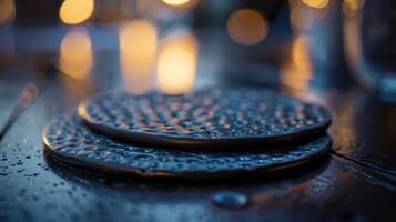 A closeup shot of an embossed ceramic coaster showcasing the raised and textured design. photo