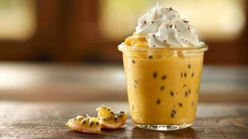 A creamy passion fruit pudding served in a glass jar with a dollop of whipped cream photo