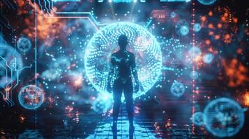 A person is surrounded by a holographic shield displaying their strengthened immune system in a futuristic light. photo