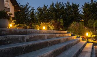 Large Garden Concrete Stairs and Illuminated Rockery Garden photo