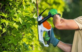 un hombre formación jardín arboles utilizando cobertura recortadora foto