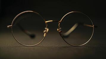 A pair of thin gold wireframed glasses exude an air of elegance and refinement photo