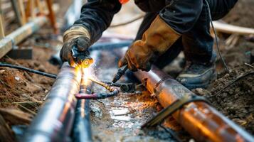 A technician uses a blowtorch to weld pipes together as they install the heating system photo