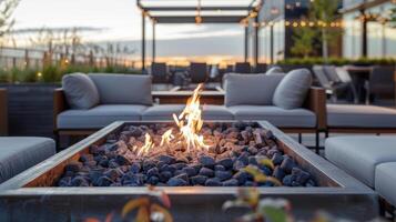 The fire pit adds a touch of warmth and charm to this chic and modern rooftop lounge. 2d flat cartoon photo