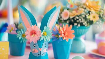 un temática de pascua letras y artesanía estación para niños a crear conejito mascaras y papel flor ramos de flores foto