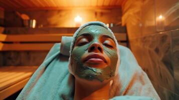 un imagen de un persona vistiendo un arcilla máscara dentro un sauna con un subtítulo explicando cómo saunas lata ayuda a desintoxicar el piel líder a mejor hormonal balance. foto