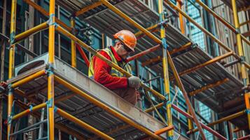 A worker using a measuring tape on scaffolding to ensure precision in the construction of the building photo