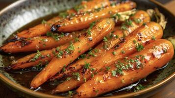un calentar y atractivo plato de asado al fuego zanahorias cepillado con un pegajoso miel vidriar y rociado con fragante hierbas. el último comodidad comida para un frío incluso en foto