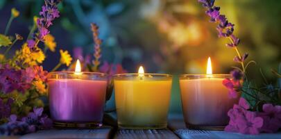 The gentle glow of the candles highlights the natural beauty of the oils from the bright yellow of lemon to the deep purple of lavender. 2d flat cartoon photo