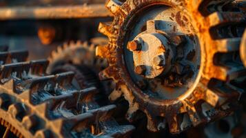 A set of worn and weathered gears and pulleys catch the afternoon sunlight hinting at a time when construction machinery was powered by manpower instead of technology photo