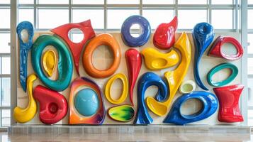A dramatic ceramic wall sculpture with bold shapes and pops of bright colors making a statement in a public art installation. photo