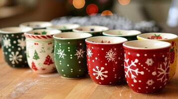 un conjunto de cerámico medición tazas con festivo fiesta colores y diseños un práctico adición a ninguna panadería cocina. foto