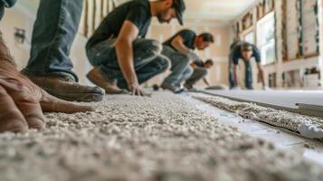 un grupo de trabajadores cuidadosamente medida y alfombra a ajuste perfectamente dentro un recién construido habitación agregando un suave y acogedor toque a el espacio foto