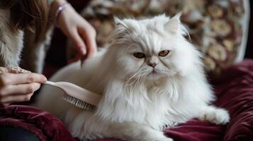 A regal looking Persian cat sits on a velvet cushion receiving a gentle brushing with a designer brush as its owner carefully applies a bow to its fur photo