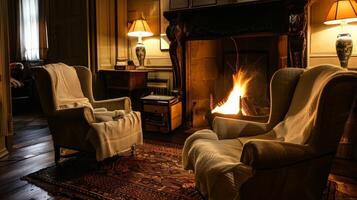 Curl up in one of the plush armchairs beside the crackling fire and lose yourself in the peaceful ambiance of the bed and breakfasts fireplace corner. 2d flat cartoon photo