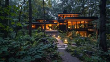 A magical glow emanates from the path winding towards a stunningly modern home nestled in the dense forest. 2d flat cartoon photo