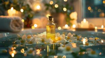 A peaceful scene of a bathtub surrounded by candles with a bottle of jasminescented bath oil floating in the water photo