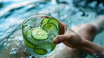 A person taking a break from their sauna session to drink cucumber water nourishing their skin from the inside out for antiaging effects. photo