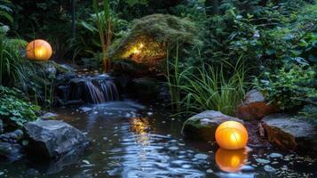 A tranquil garden with a peaceful stream flowing into a small pond lit up by floating fire orbs for an enchanting touch. 2d flat cartoon photo