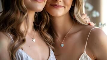 A mother and daughter duo wearing matching handcrafted necklaces customized with their birthstones and unique pendants that represent their bond photo