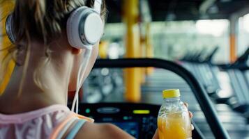 un joven mujer trota en un rueda de andar balanceándose su cabeza a el optimista música jugando en su auriculares un botella de Fresco jugo pags en el taza poseedor foto