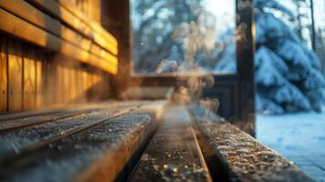 el contraste de el frígido al aire libre aire y el acogedor lleno de vapor atmósfera dentro el sauna creando un refrescante y vigorizante sensación. foto