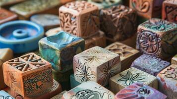un colección de hecho en casa cerámica sellos hecho por tallado diseños dentro reutilizado borradores o piezas de espuma. foto