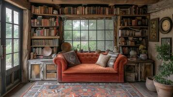 en un acogedor vivo habitación apilado antiguo libros línea el estantería de un rescatado de madera gabinete creando el Perfecto leyendo rincón foto