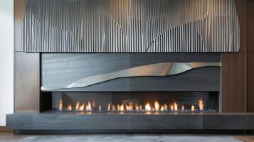 A minimalistic fireplace with a rectangular shape framed in dark wood and adorned with a sleek metal fire screen. The rotating sculpture display above features geometric 2d flat cartoon photo