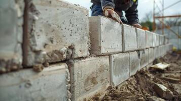 un construcción equipo cuidadosamente arreglando enclavamiento hormigón bloques a construir el principal estructura de el reteniendo pared foto