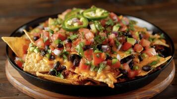 An explosion of heat and flavor these flaming nachos are topped with a fiery mix of y black beans jalapeno slices tangy pico de gallo and a drizzle of zesty chipotle lim photo